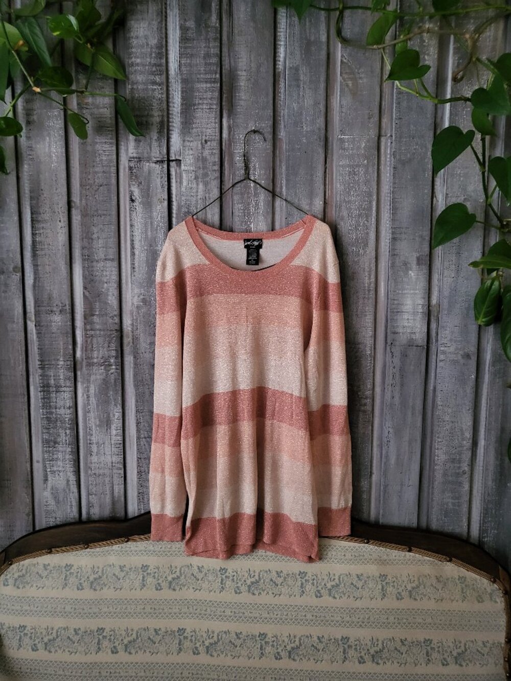 Lord & Taylor Woman Metallic Striped Knit Sweater 1X Rose Gold